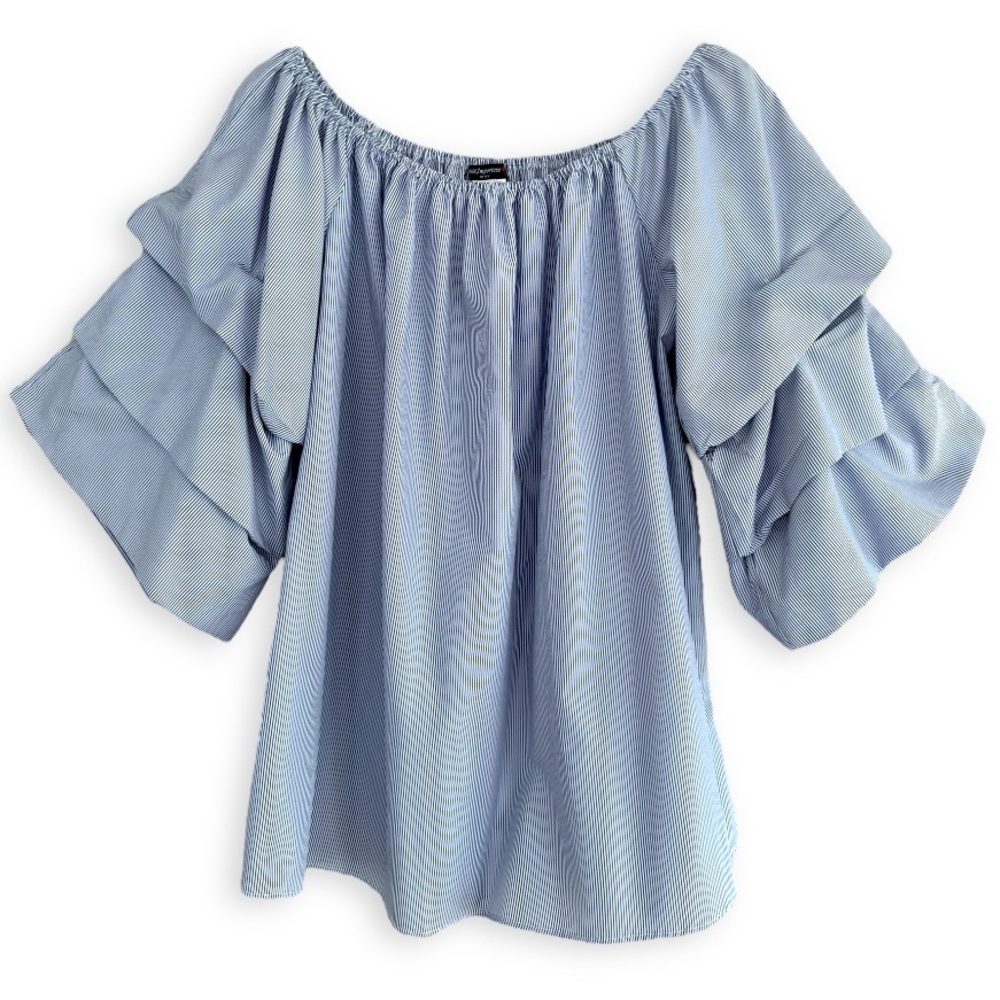 VIVID Pinstriped Puff Sleeve Ruffle Off The Shoulder Blouse